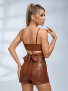 Faux Leather Wrap Cami Top Back Tie Design