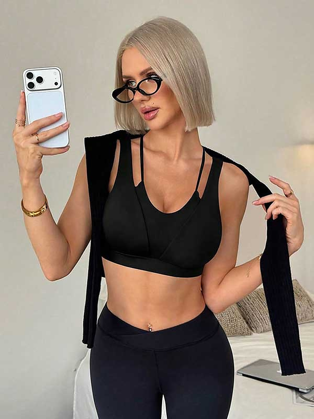 Women's White Cropped Layered Sports Bra with Racerback