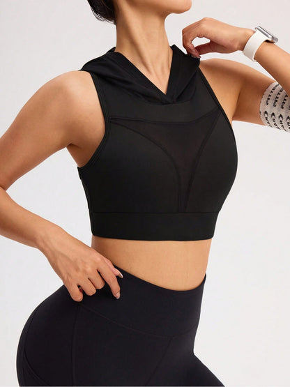 Hooded Mesh Panel Sports Bra