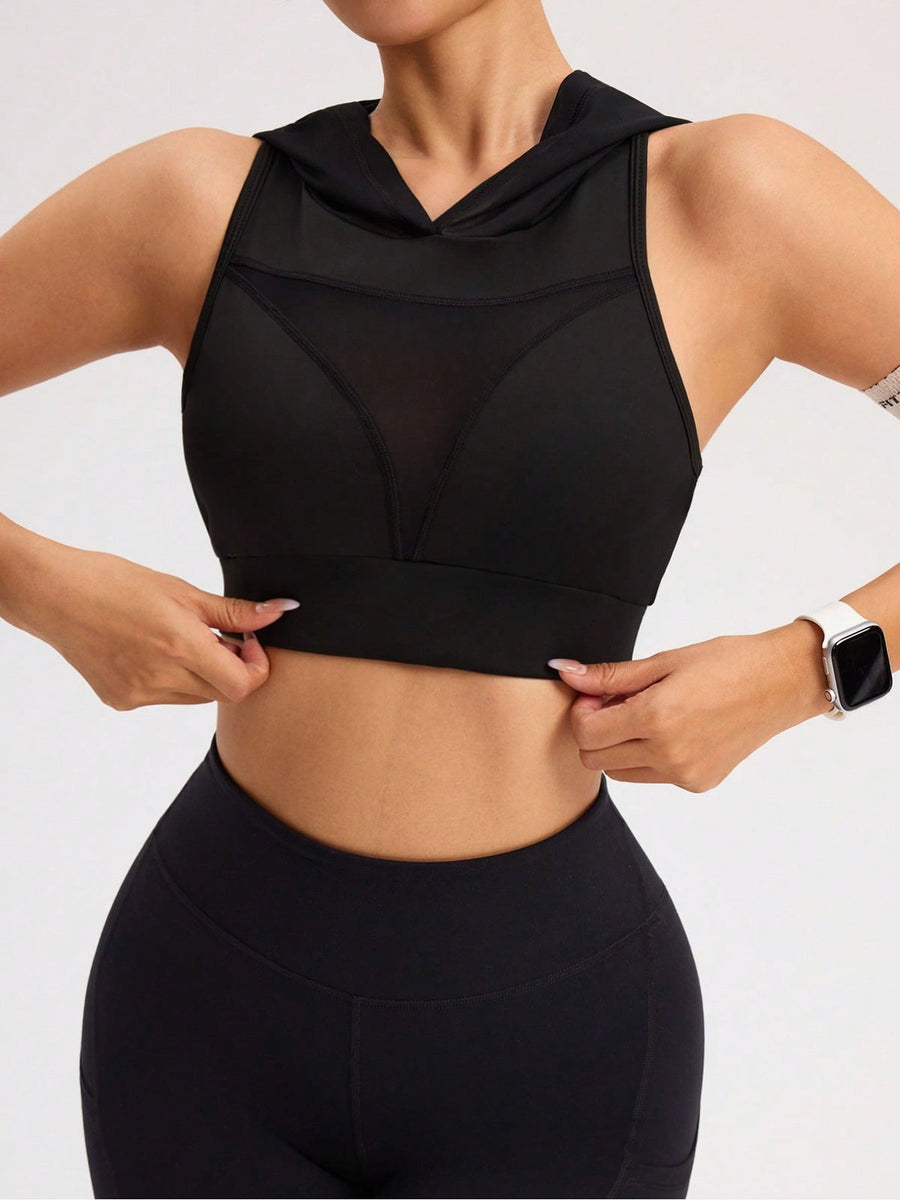 Hooded Mesh Panel Sports Bra