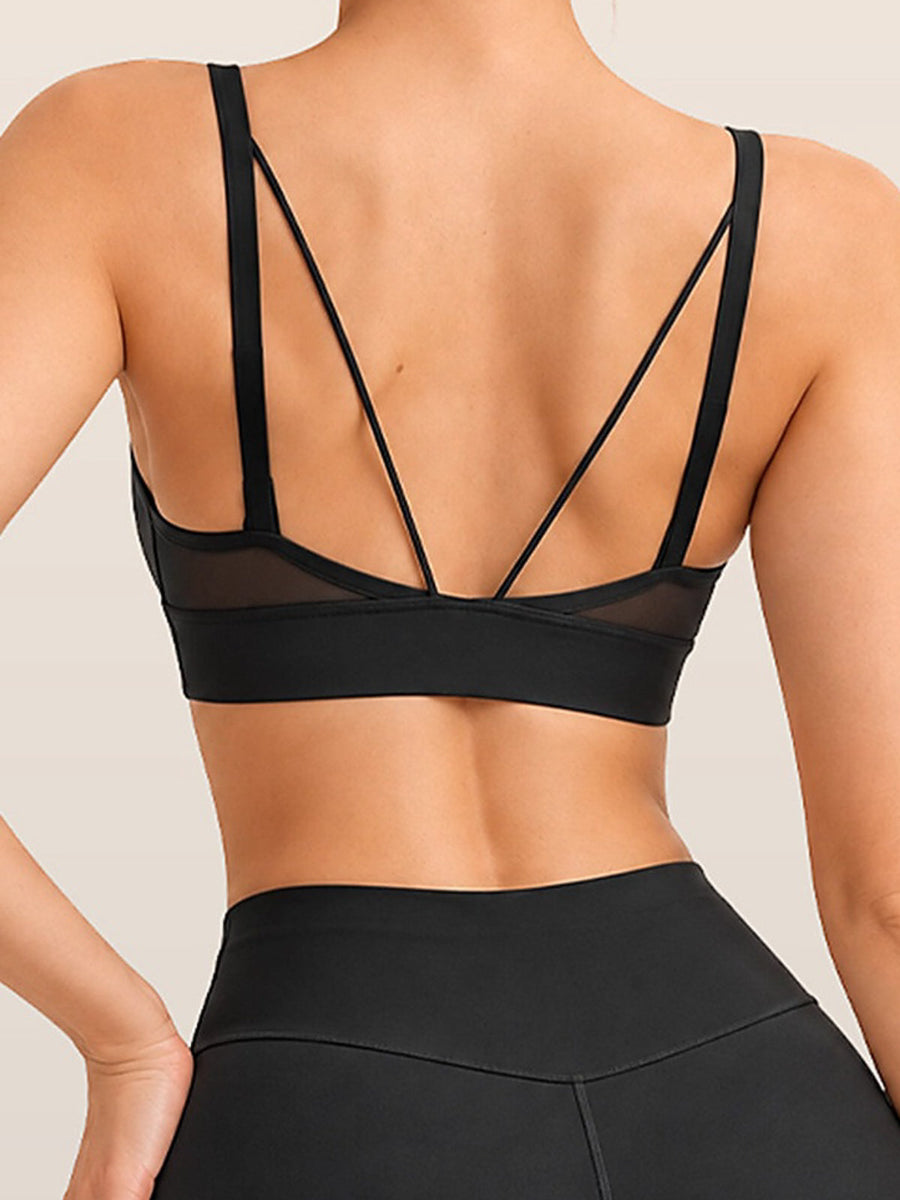 Women's Mesh Panel Padded Sports Bra with Criss-Cross Back