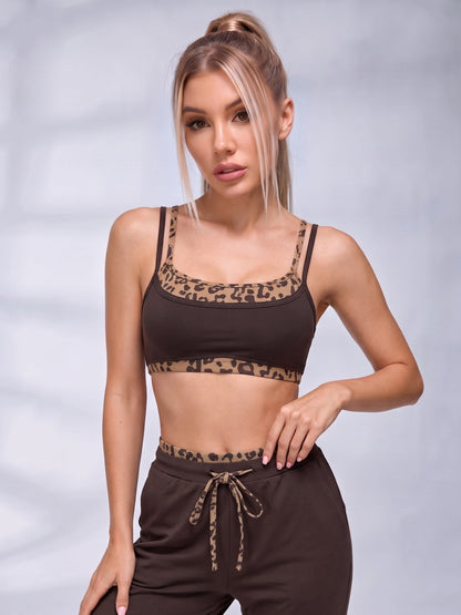 Leopard Trim Scoop Neck Sports Bra