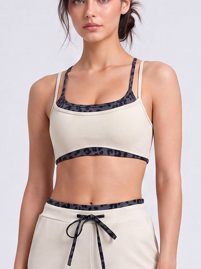 Leopard Trim Scoop Neck Sports Bra