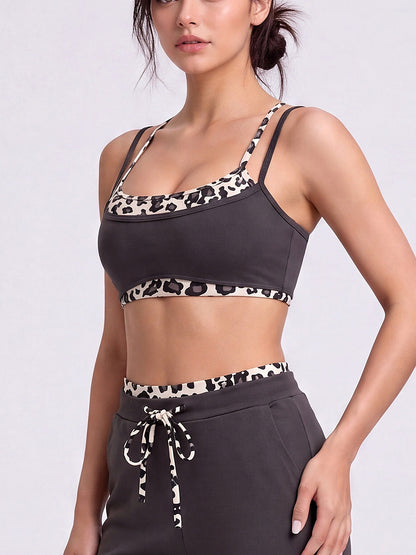 Leopard Trim Scoop Neck Sports Bra