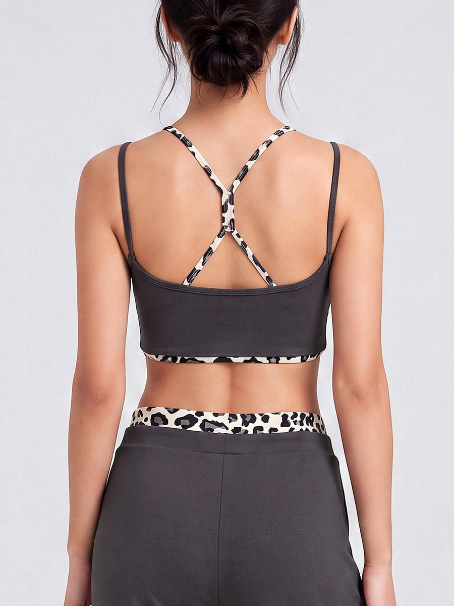 Leopard Trim Scoop Neck Sports Bra