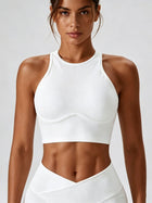 Ribbed High-Neck Racerback Sports Bra with Back Keyhole