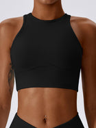 Ribbed High-Neck Racerback Sports Bra with Back Keyhole