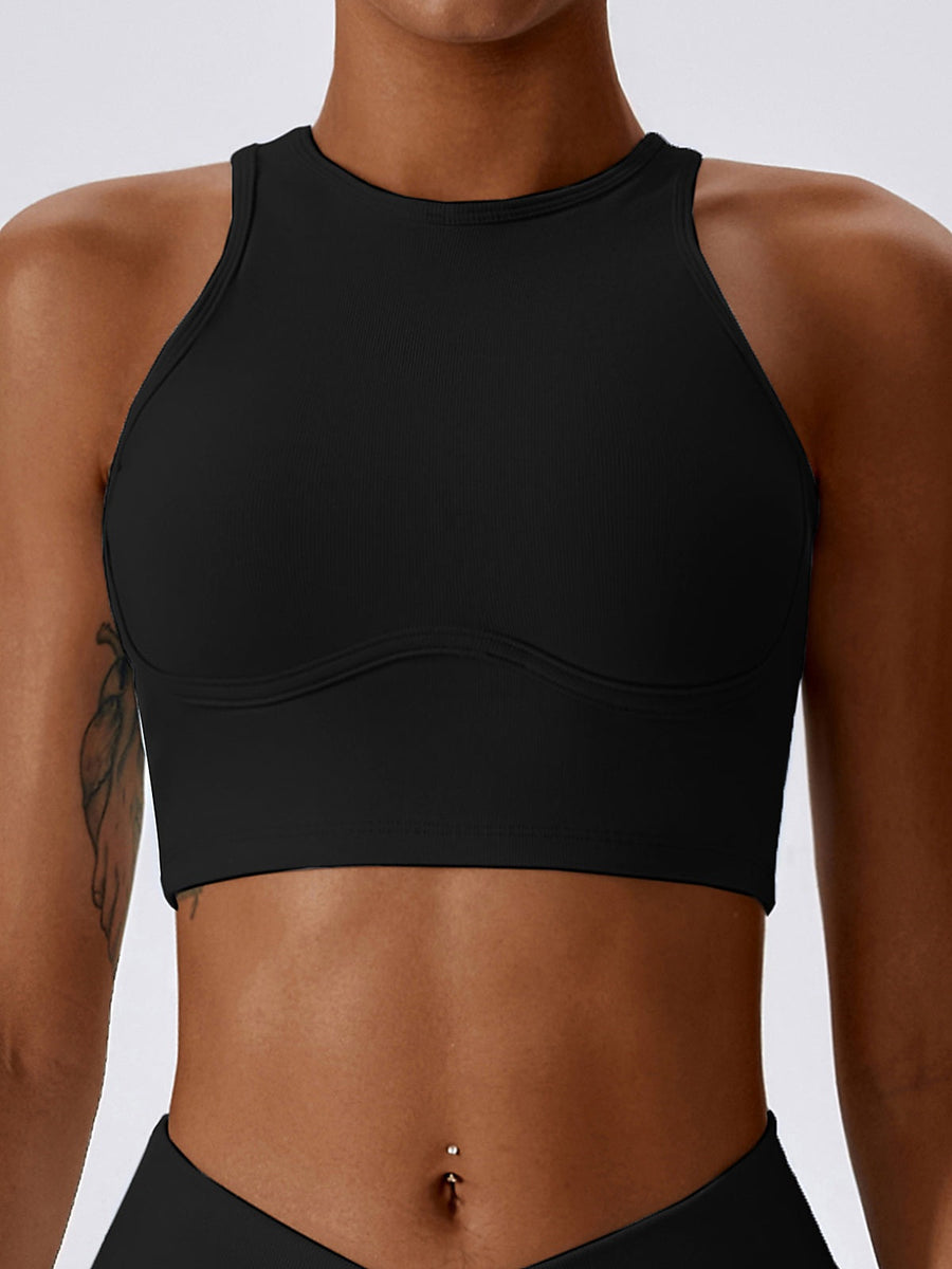 Ribbed High-Neck Racerback Sports Bra with Back Keyhole