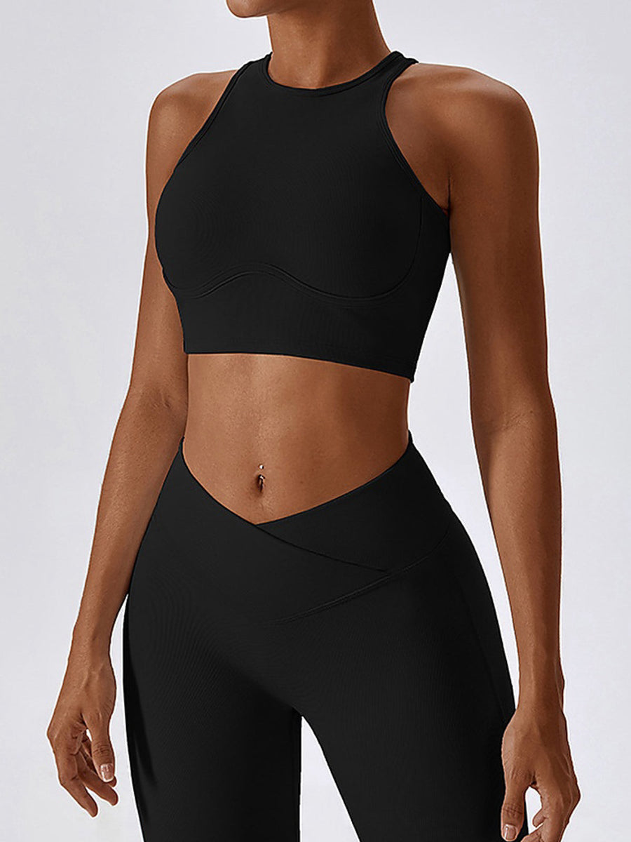 Ribbed High-Neck Racerback Sports Bra with Back Keyhole