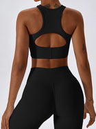 Ribbed High-Neck Racerback Sports Bra with Back Keyhole