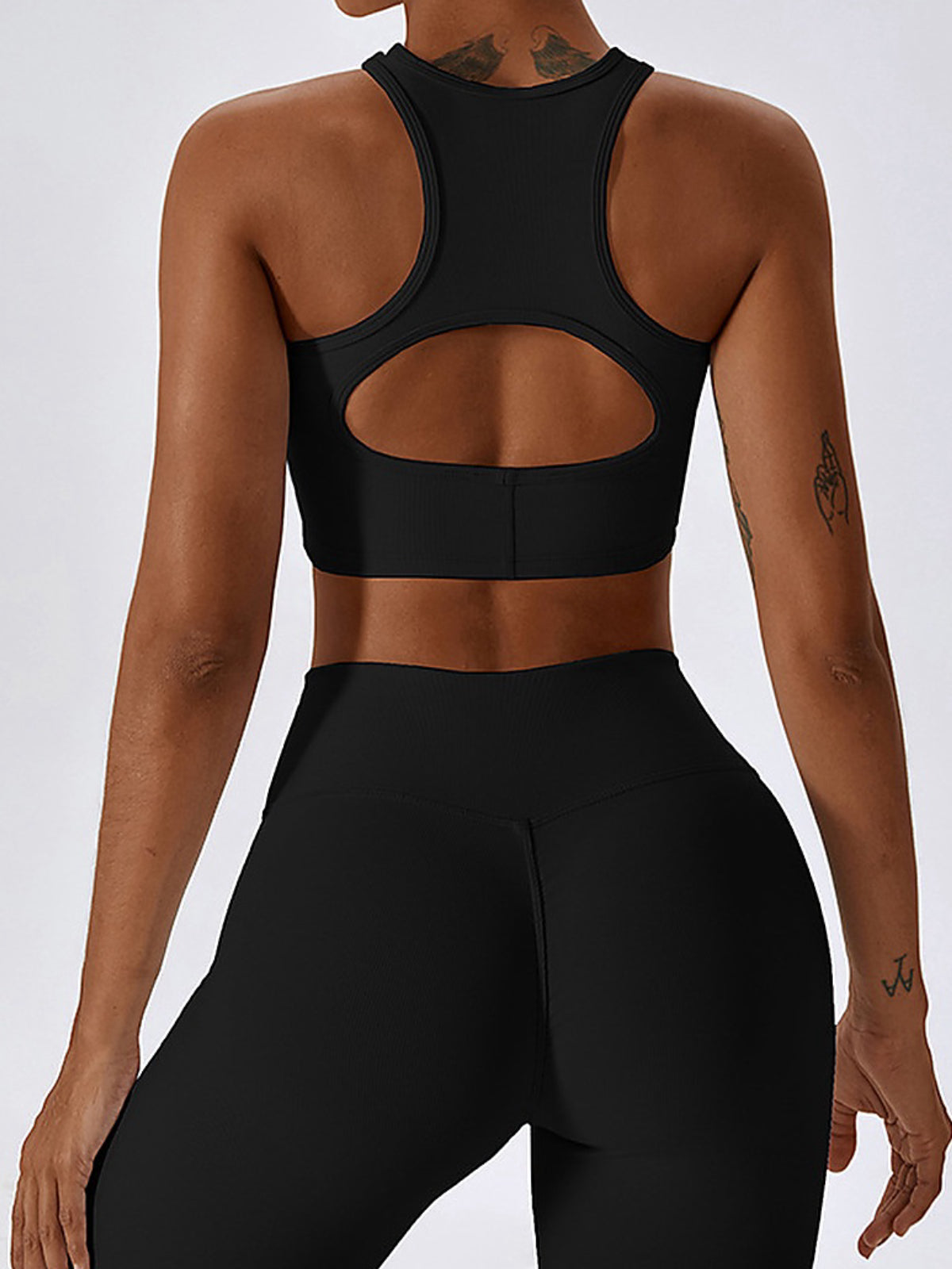 Ribbed High-Neck Racerback Sports Bra with Back Keyhole