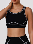 Black Sports Bra with Contrast Piping and Open Back
