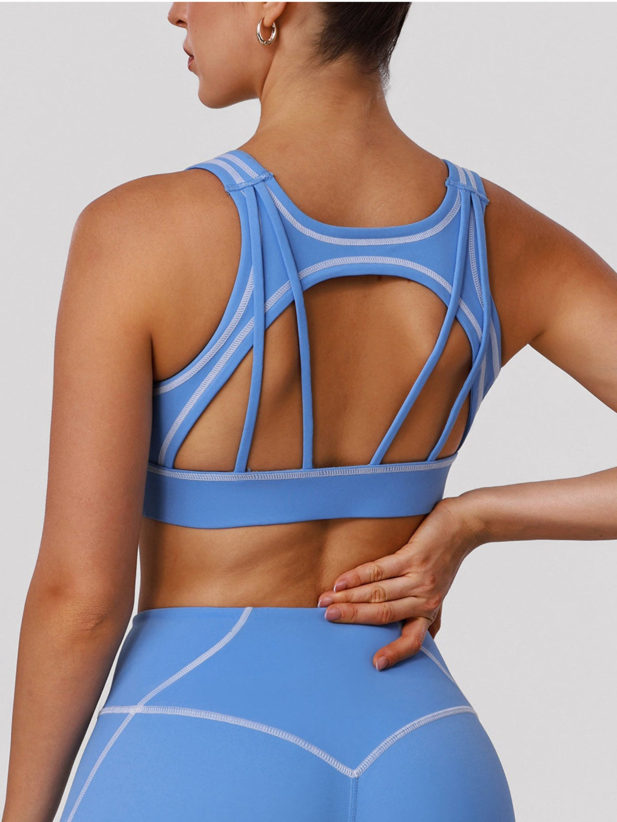 Black Sports Bra with Contrast Piping and Open Back