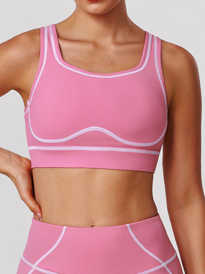Black Sports Bra with Contrast Piping and Open Back