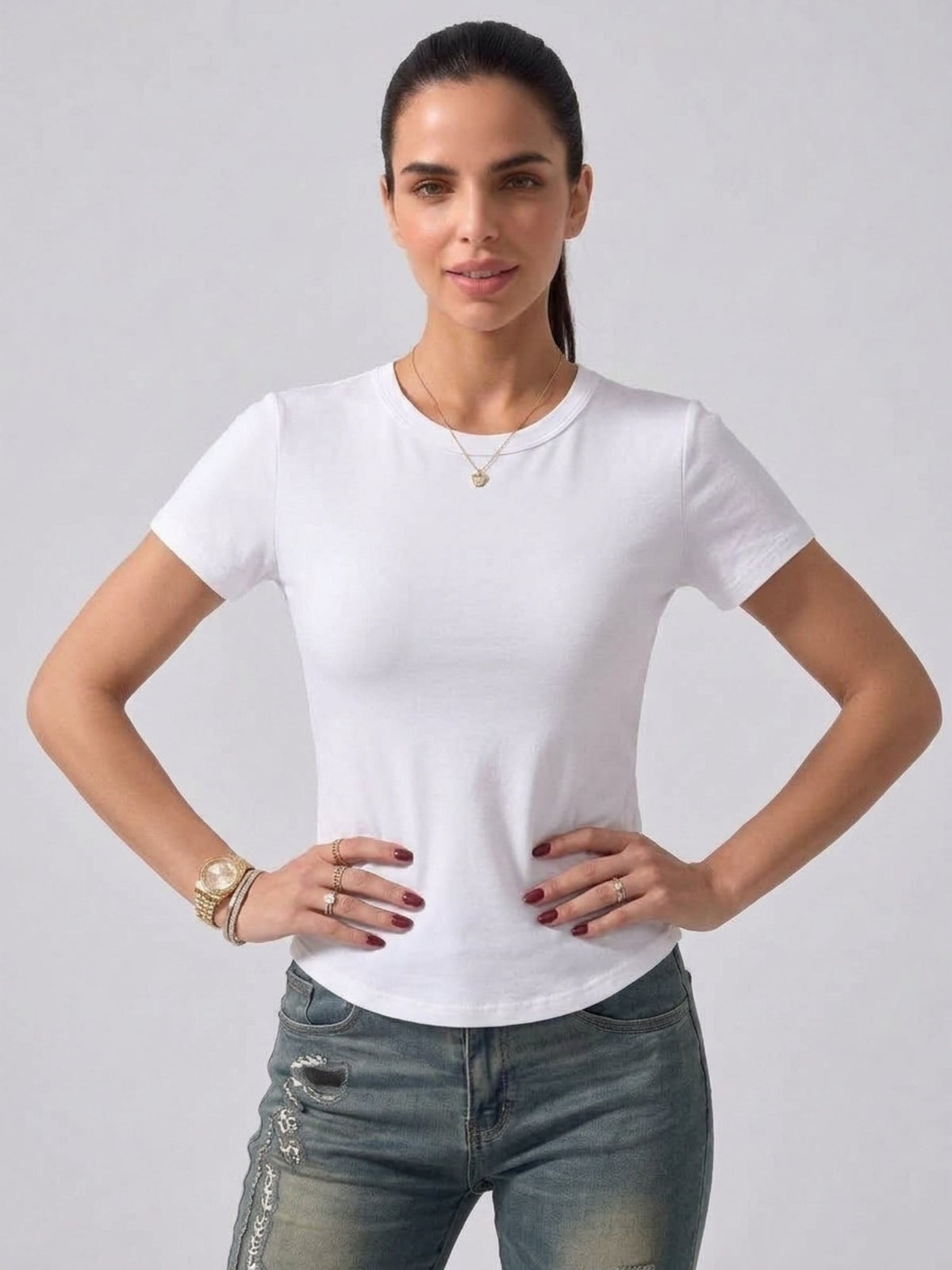 Short Sleeve Crew Neck T-Shirt with Integrated Bra Cups