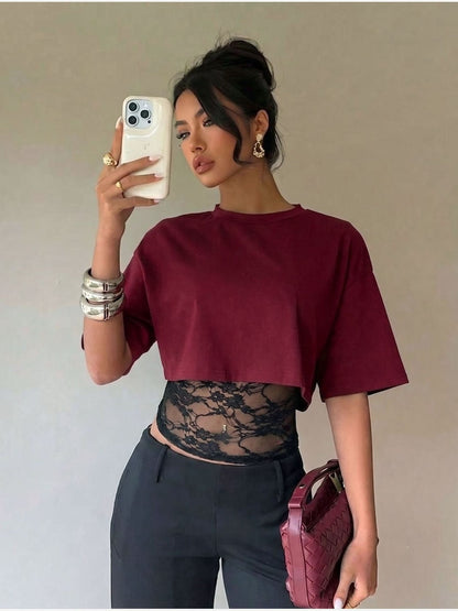 Women's Cropped Short Sleeve T-Shirt with Lace Midriff Insert