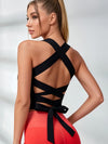 Cross Back Bow Tie Mesh Panel Buckle Detail Fitness Workout Tracksuit