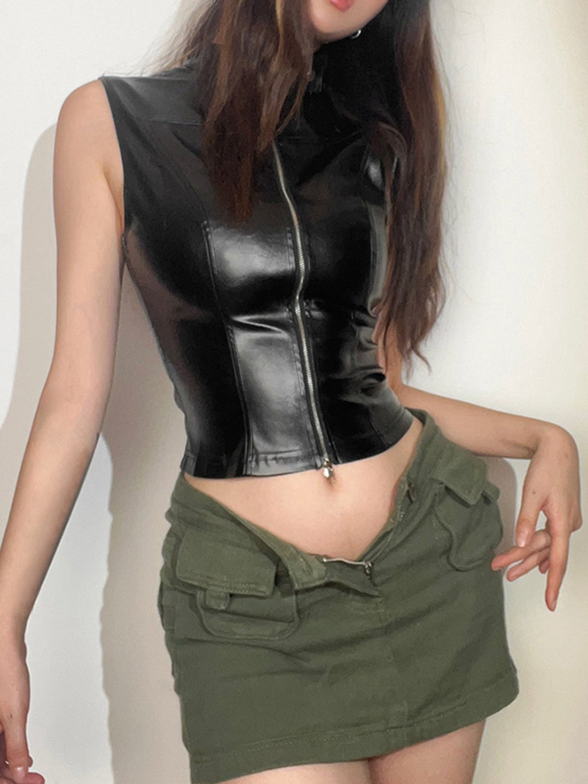 Slim Fitted Black Leather Look Sleeveless Crop Vest