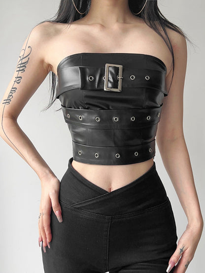 Faux Leather Strapless Buckle Tube Top
