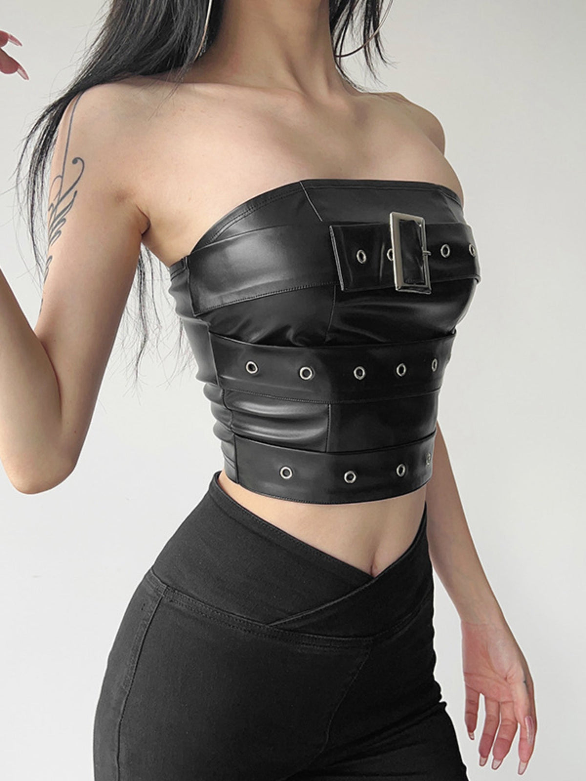 Faux Leather Strapless Buckle Tube Top