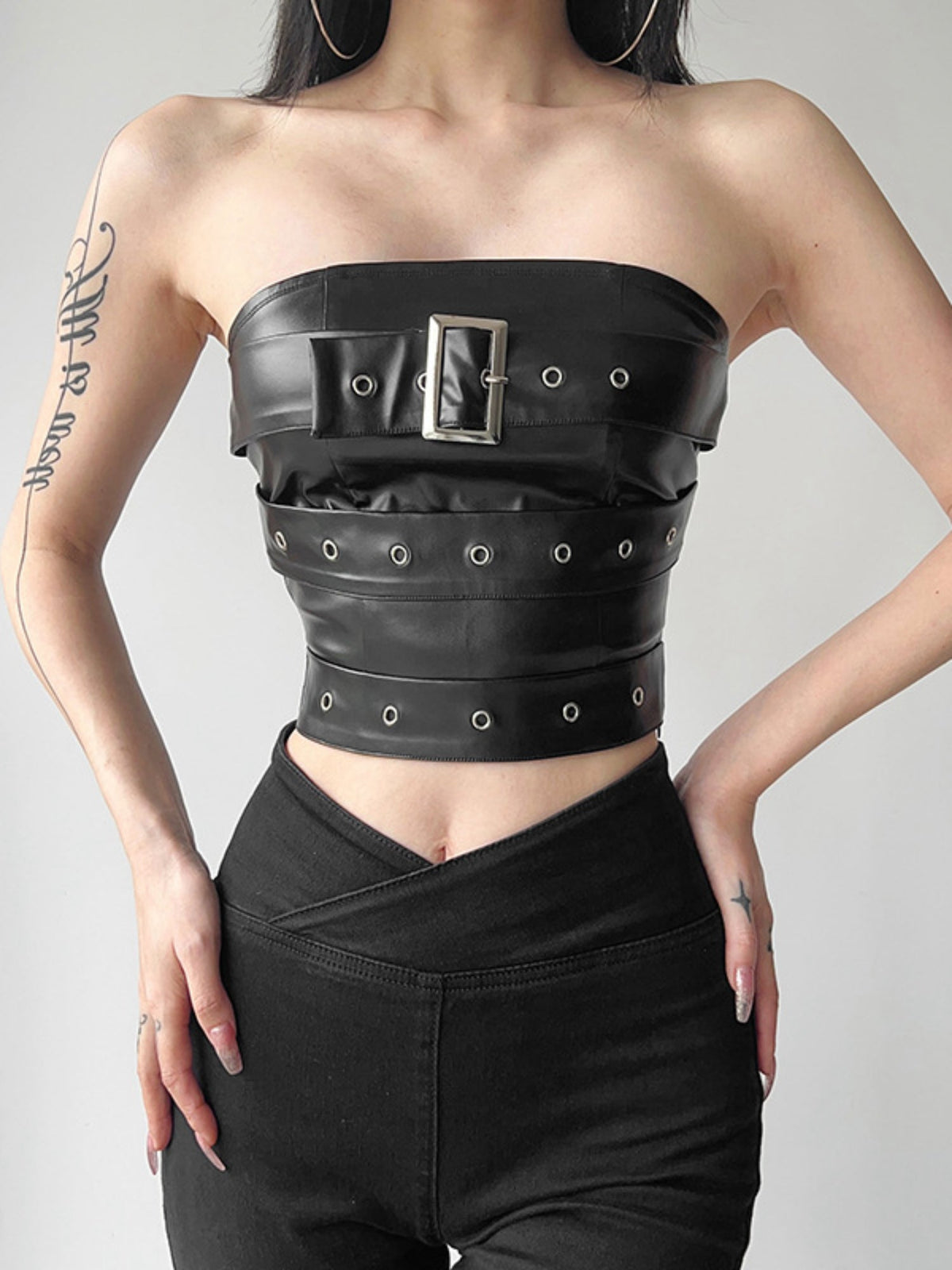 Faux Leather Strapless Buckle Tube Top