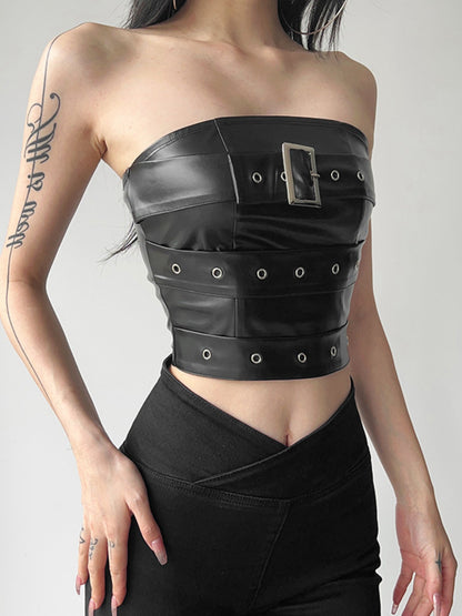 Faux Leather Strapless Buckle Tube Top