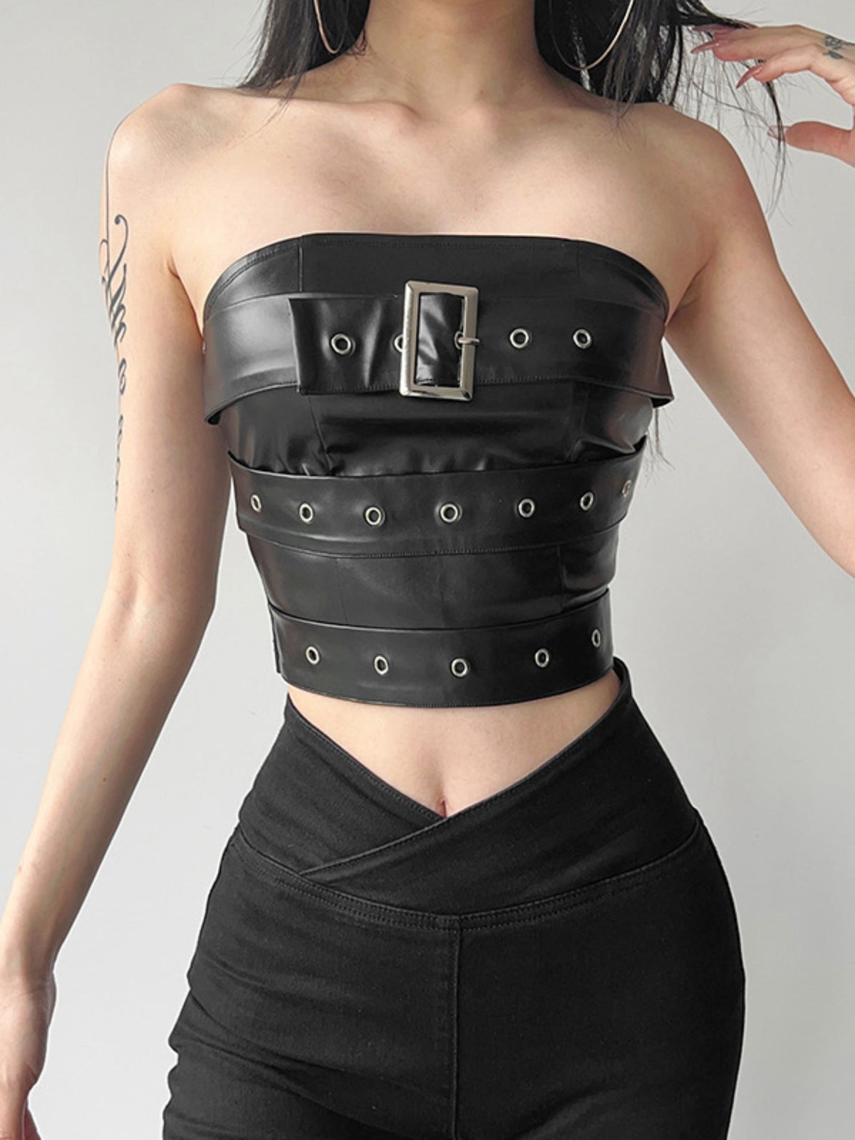 Faux Leather Strapless Buckle Tube Top