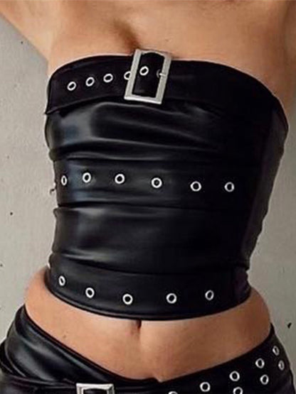 Faux Leather Strapless Buckle Tube Top