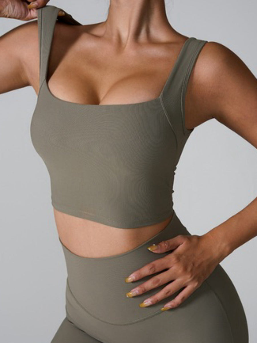 Ribbed Square Neck Crop Active Tank Top with Back Cutout