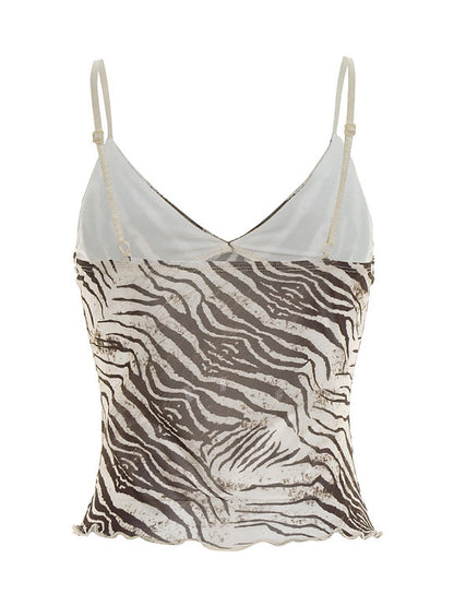 Zebra Print Sheer Mesh V-Neck Cropped Cami Top