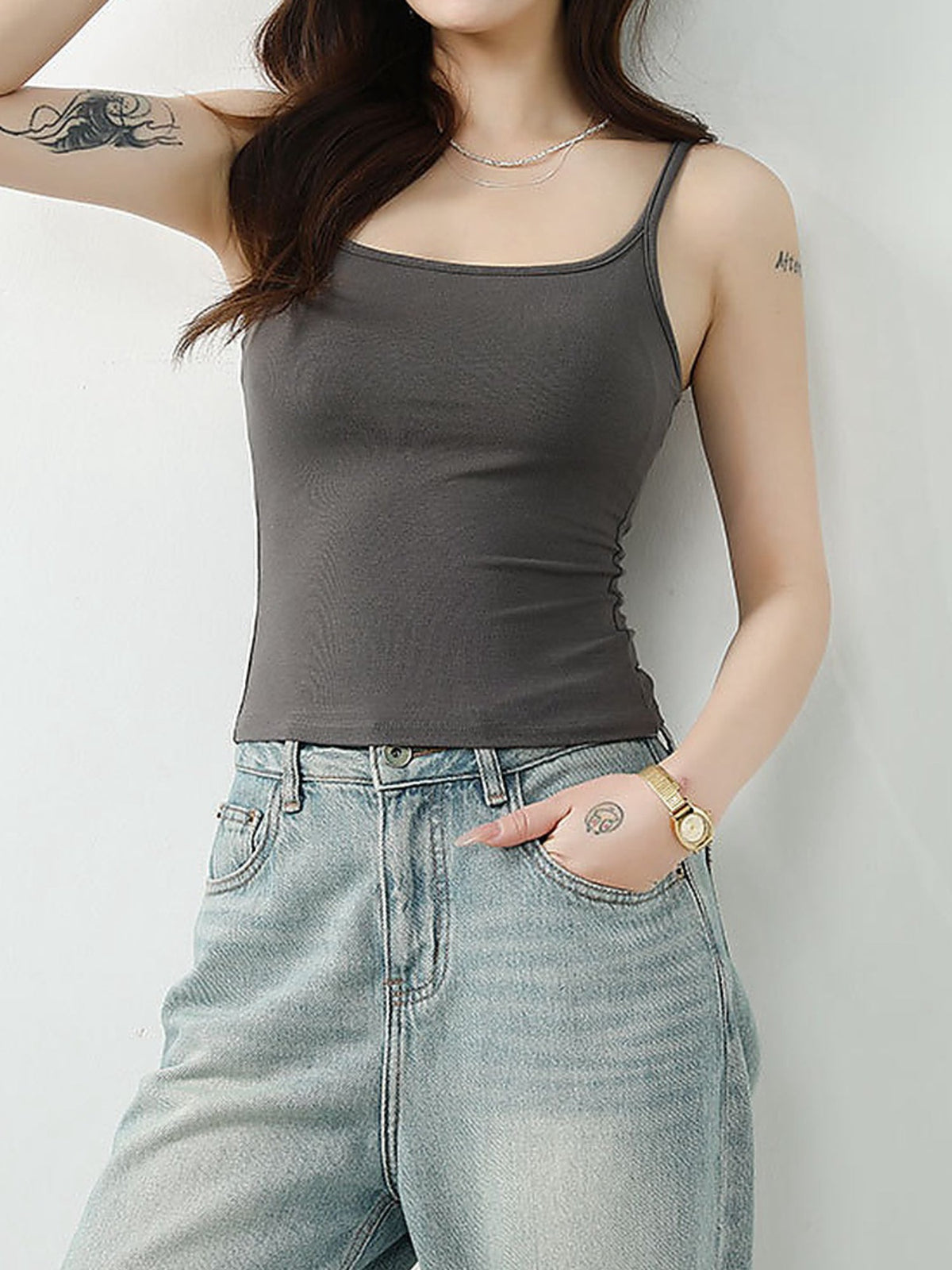 Women's Fitted Spaghetti Strap Camisole with Integrated Bra Pads