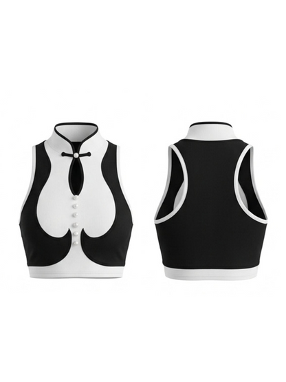 Color Block Frog Button Stand Collar Tank Crop Top