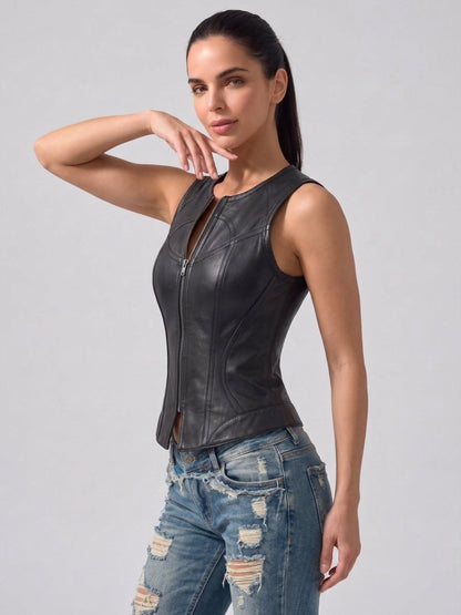 Women's Faux Leather Structured Zipper Vest