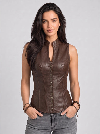 Faux Leather Button-Front Stand Collar Vest