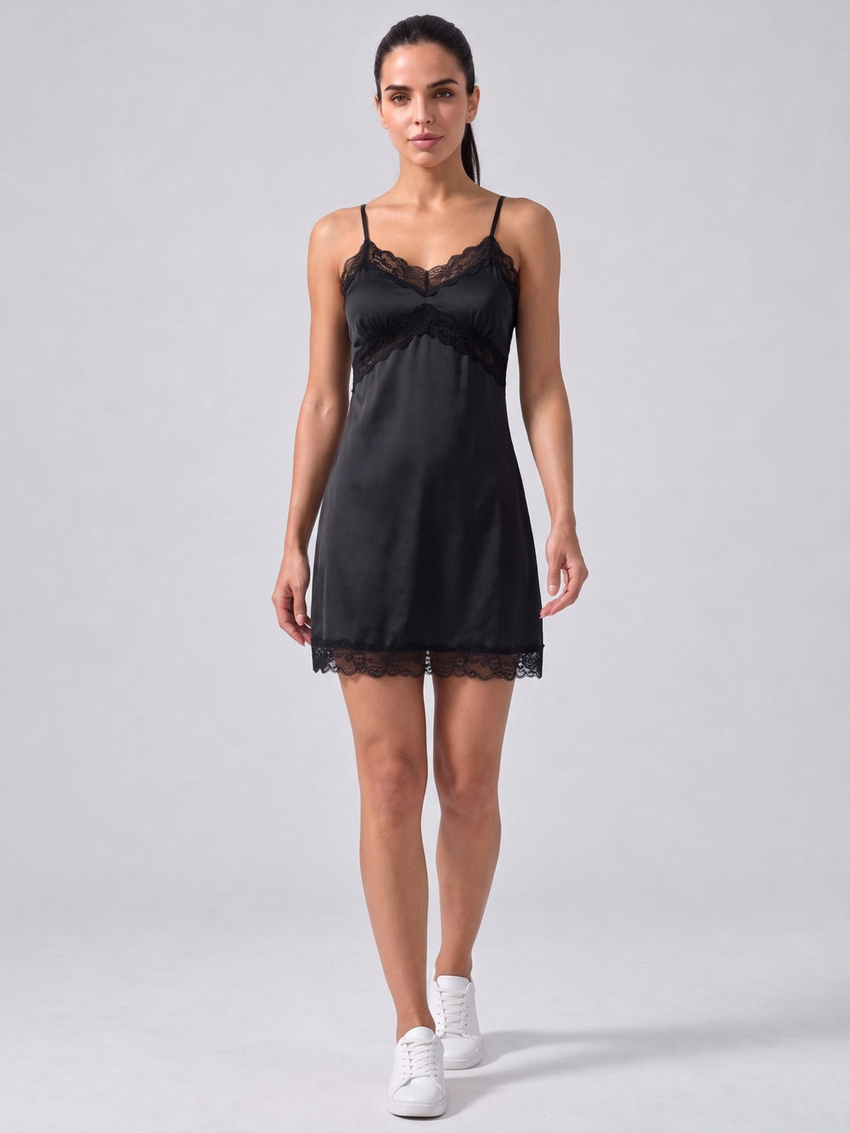 Black Lace Trim Satin Slip Dress