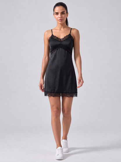 Black Lace Trim Satin Slip Dress
