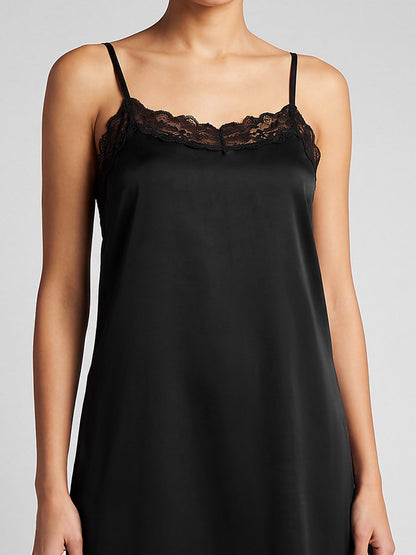 Black Lace Trim Satin Slip Dress