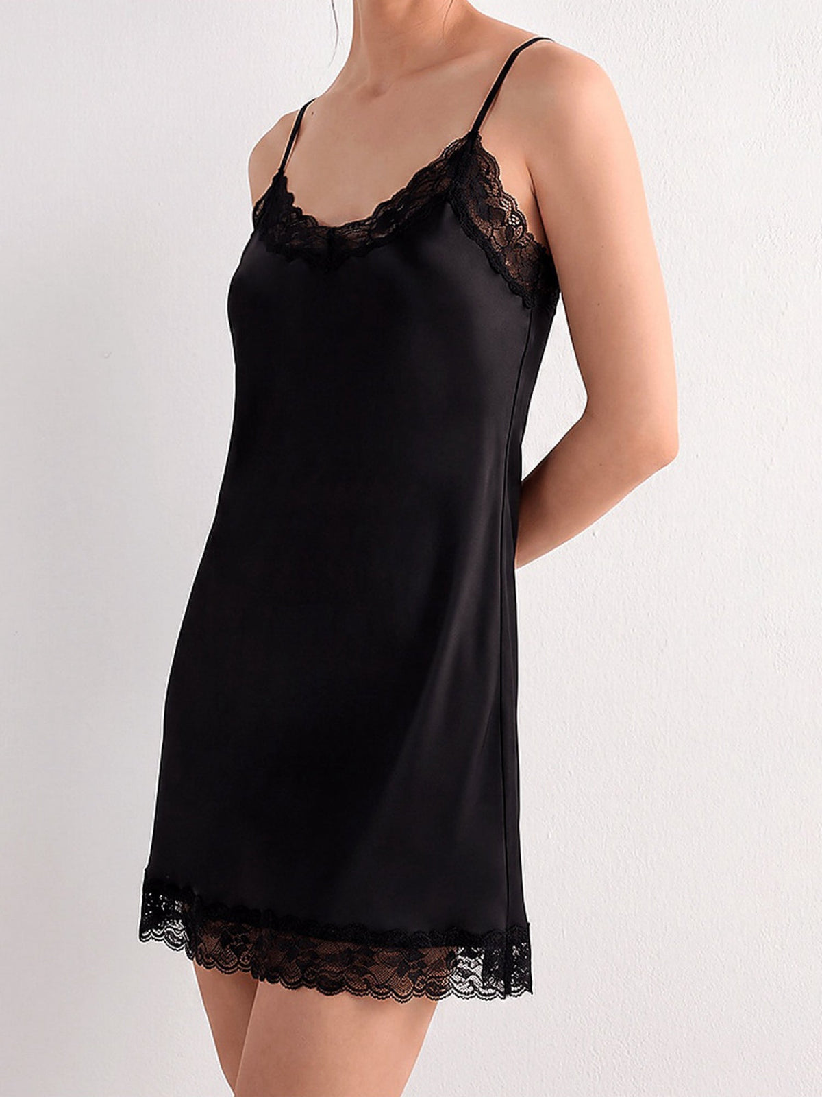 Black Lace Trim Satin Slip Dress