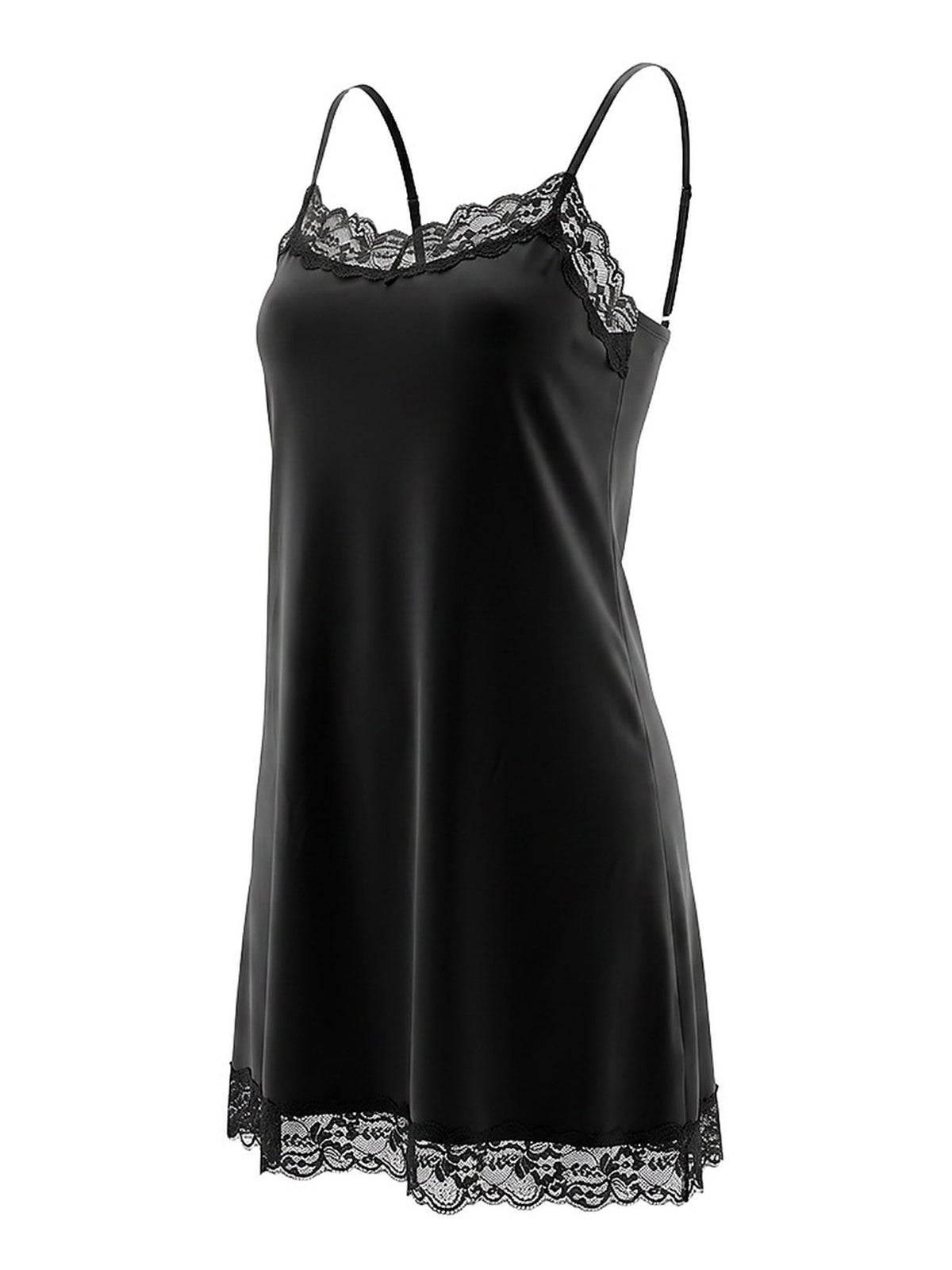 Black Lace Trim Satin Slip Dress