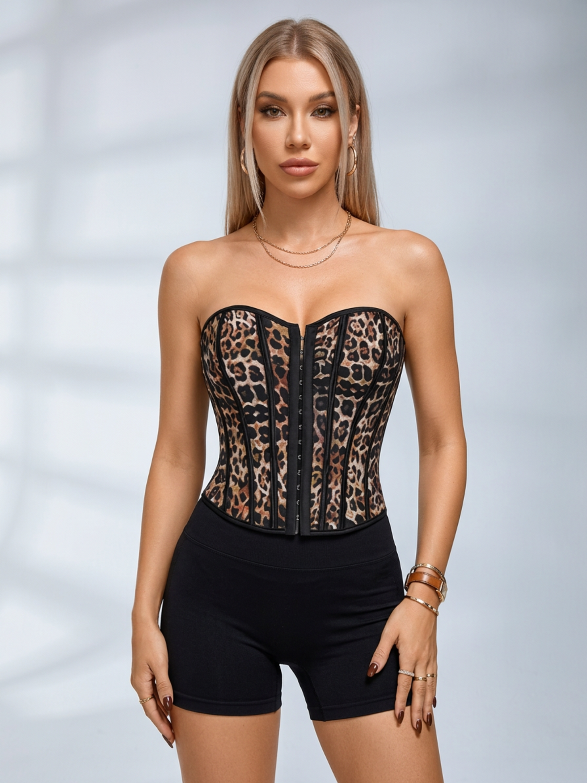 Front Buckle Leopard Print Strapless Corset