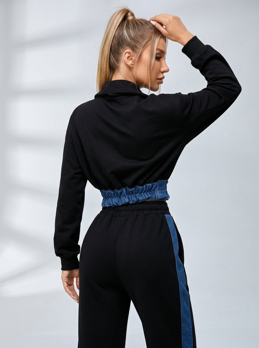 Sexy Denim Contrast Color Pocket Casual Tracksuit