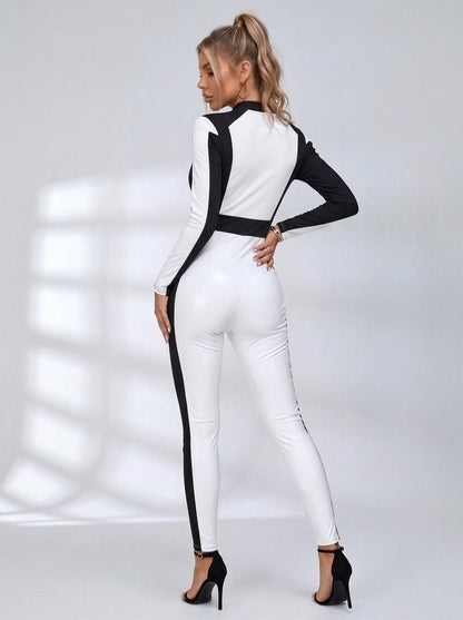 "SciFi Heroine" Zipper Contrast Color PU Short Romper