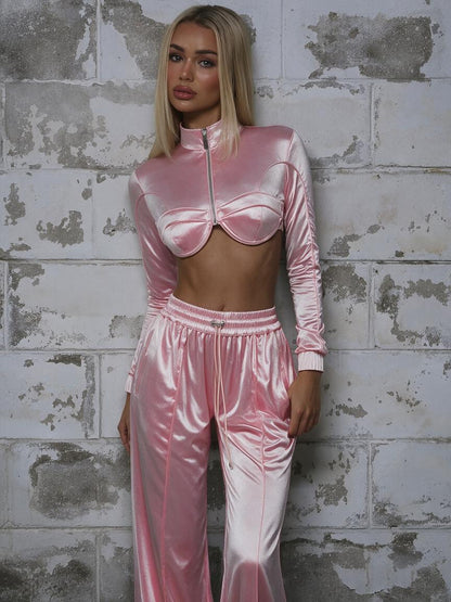 Satin Zip‑Up Cropped Jacket & Wide Leg Pants 2‑Piece Set
