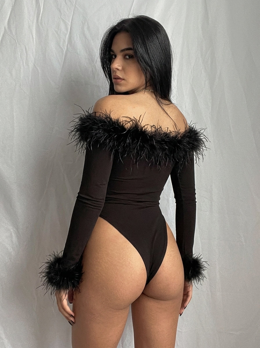 Feather Trim Off-Shoulder Long Sleeve Bodysuit