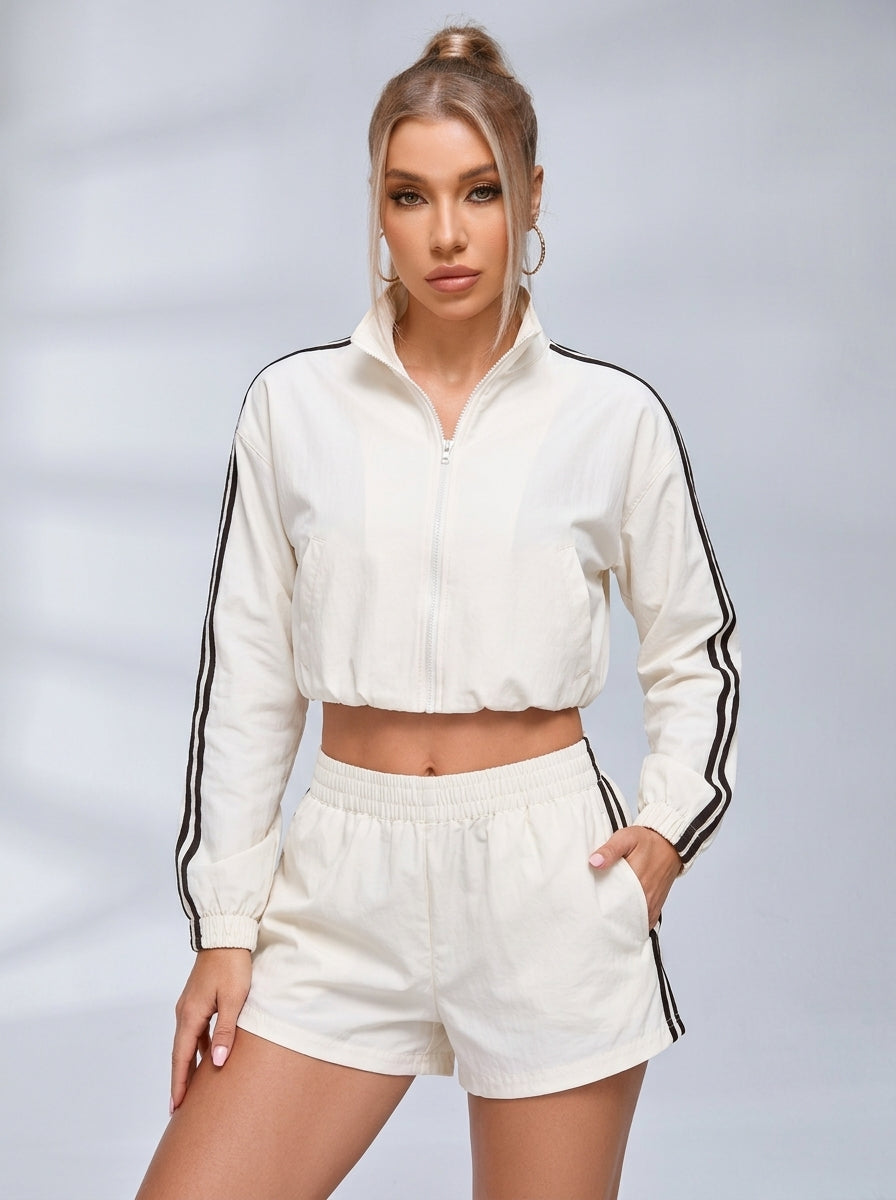 Women's Cropped Stand-Collar Full-Zip Track Jacket with Sleeve Stripes