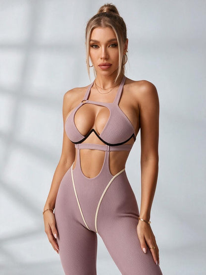 Sexy Contrast Color Stripe Hollow Out Jumpsuit
