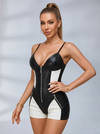 "SciFi Heroine" Contrast Color PU Half Zipper Jumpsuit