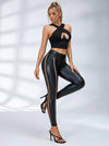 Faux Leather Mesh Stripes Leggings