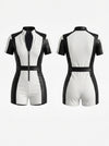 "SciFi Heroine" Contrast Color PU Zipper Short Romper
