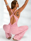 Sexy Leopard Print Hollow Out Cross Back Deep V Back Jumpsuit